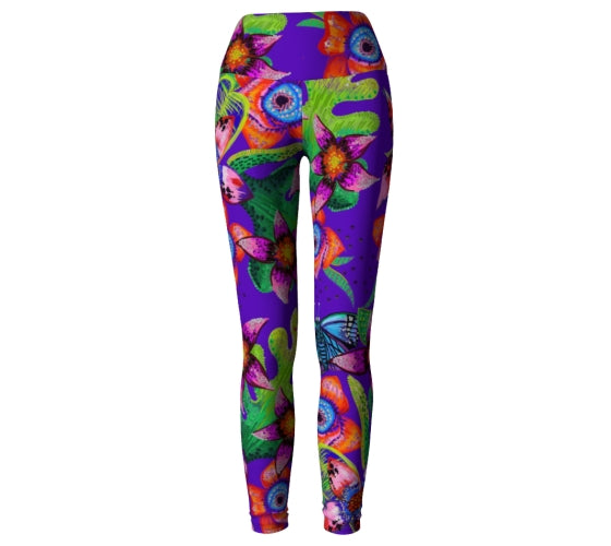 LEGGING VIOLET FLEURS TROPICALES COULEURS