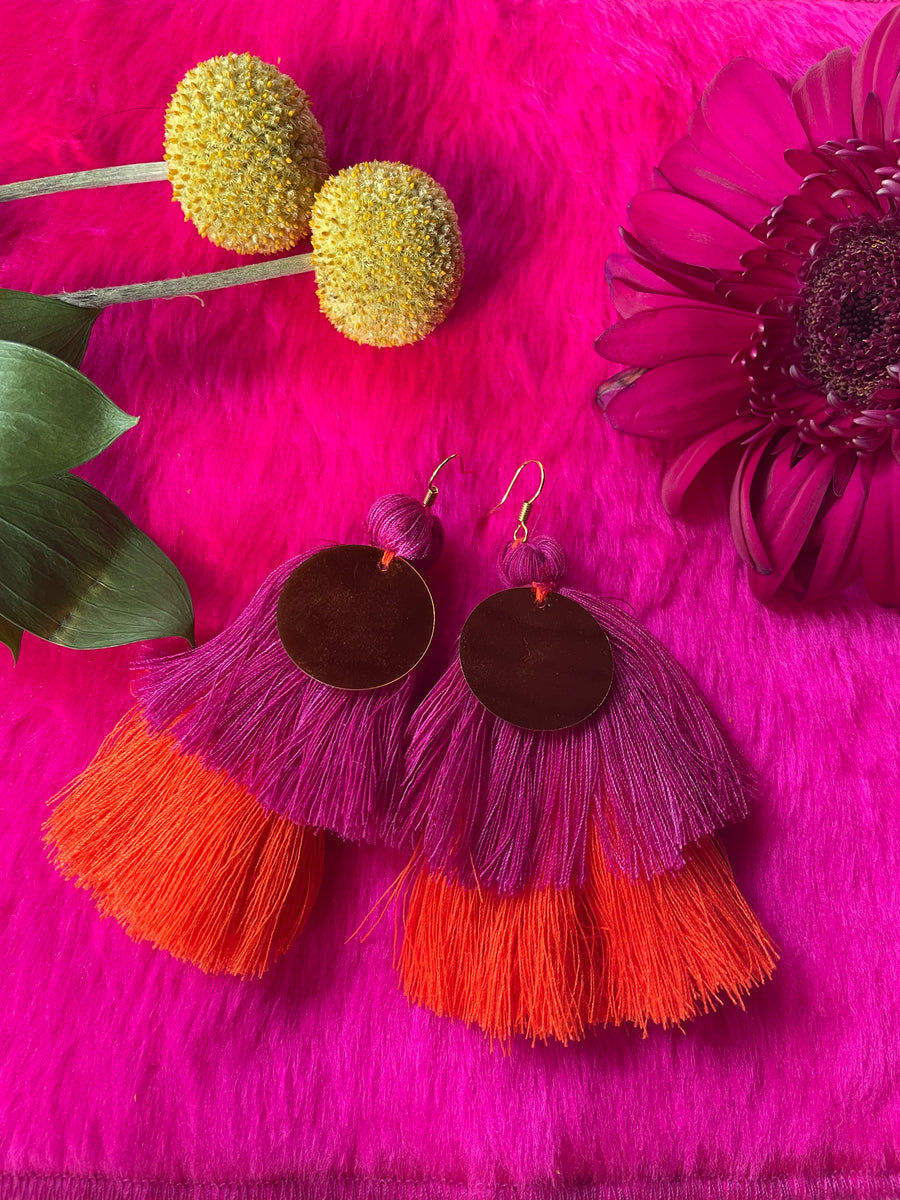 BOUCLE D’OREILLE ORANGE-ROSE ET MAUVE