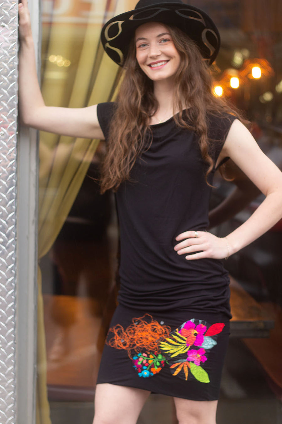 TROPICAL FLOWER APPLIQUÉ EMBROIDERED HIP TUNIC DRESS
