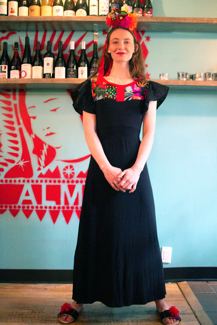 BLACK MAXI DRESS WITH COLORFUL MIXED FABRIC AT THE TOP