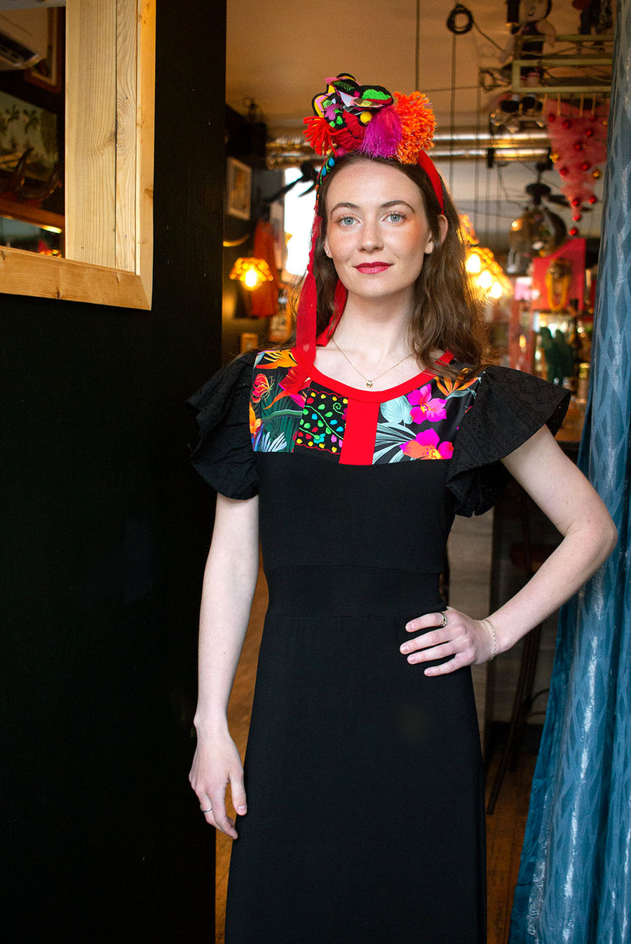 BLACK MAXI DRESS WITH COLORFUL MIXED FABRIC AT THE TOP