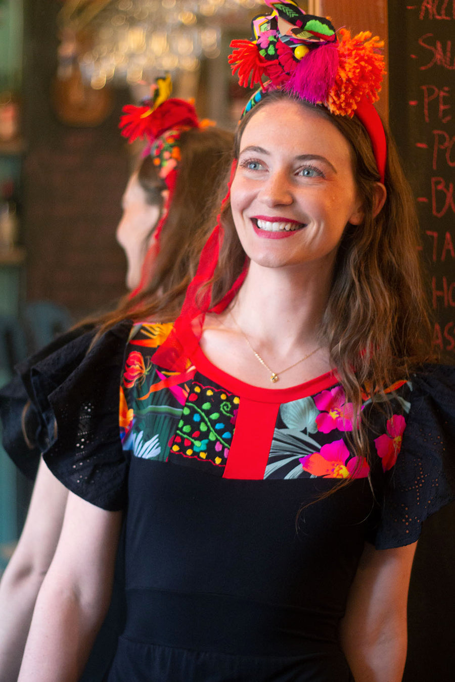 BLACK MAXI DRESS WITH COLORFUL MIXED FABRIC AT THE TOP