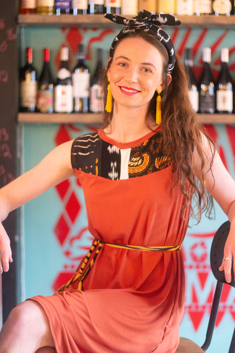 SHORT OCHER DRESS IN A WITH COLORFUL MIXED FABRICS
