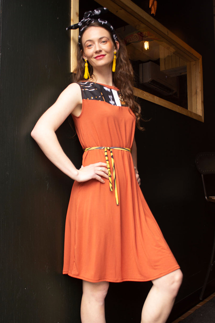 SHORT OCHER DRESS IN A WITH COLORFUL MIXED FABRICS