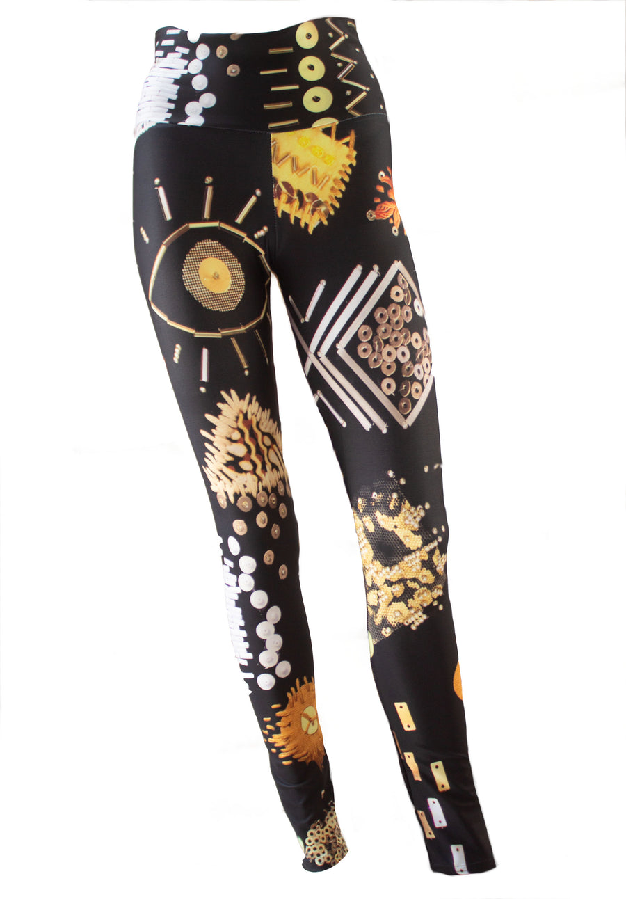 BLACK-GOLDEN AND WHITE EMBROIDERY PRINT LEGGINGS