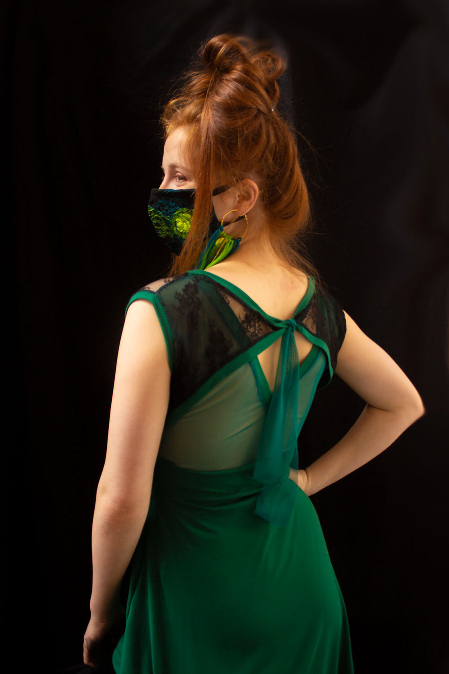 GREEN DRESS WITH GREEN TRANSPARENT TOP AND BACK