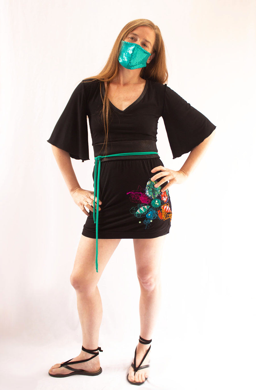 EMBROIDERED MINI SKIRT WITH ORANGE AND AQUA FLOWER EMBROIDERY