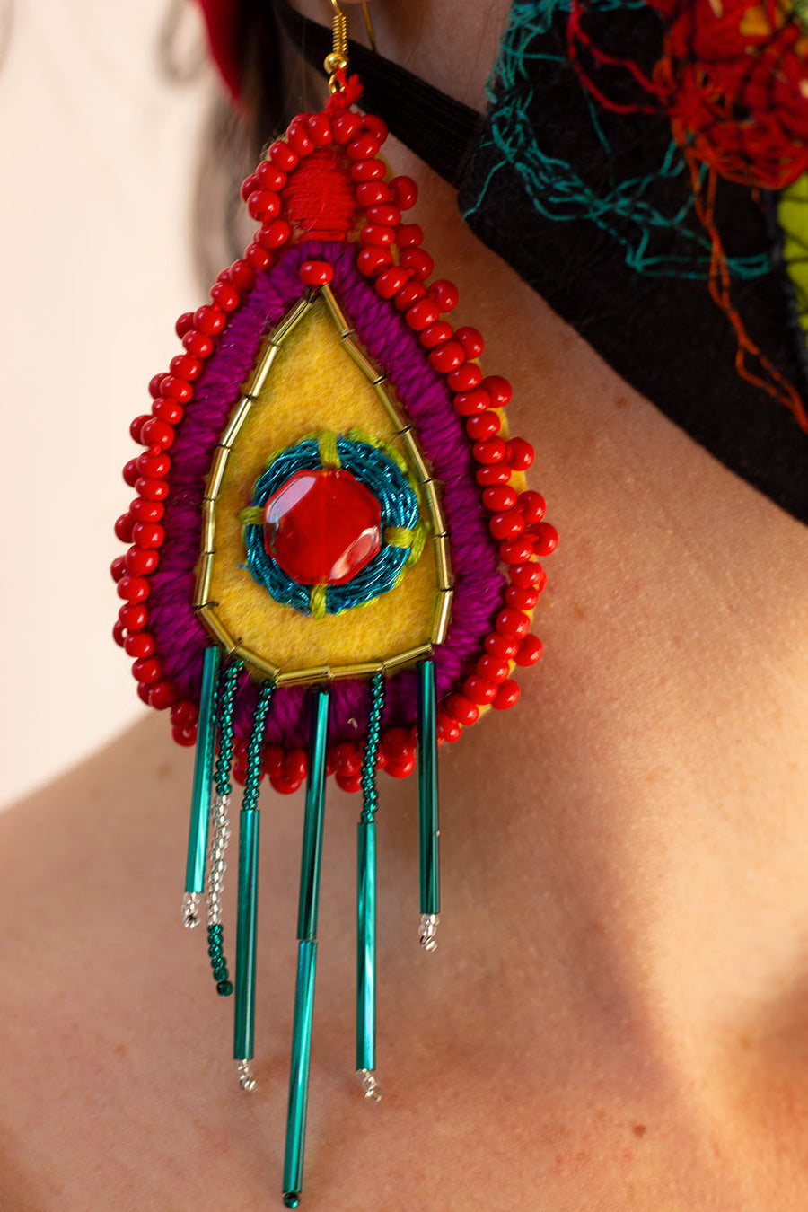 RED-YELLOW-PLUM-TURQUOISE EMBROIDERED EARRING
