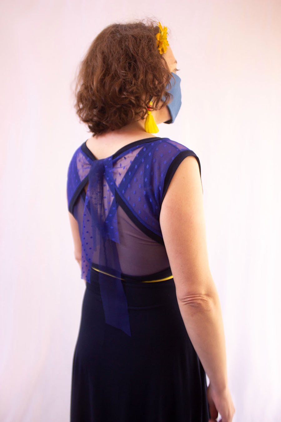 NAVY DRESS WITH BLUE TRANSPARENT TOP AND BACK