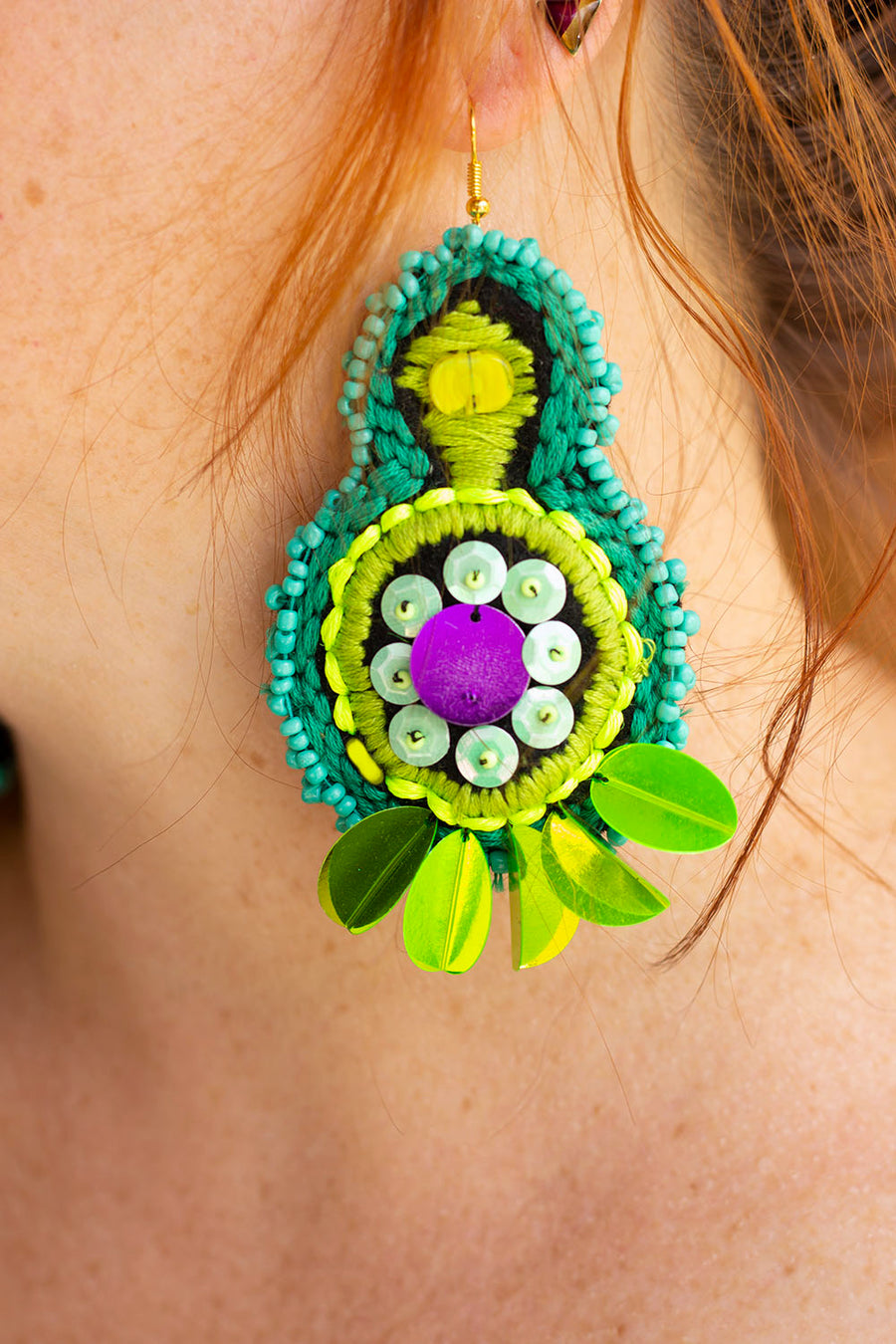 GREEN-TURQUOISE-MAUVE EMBROIDERED EARRING