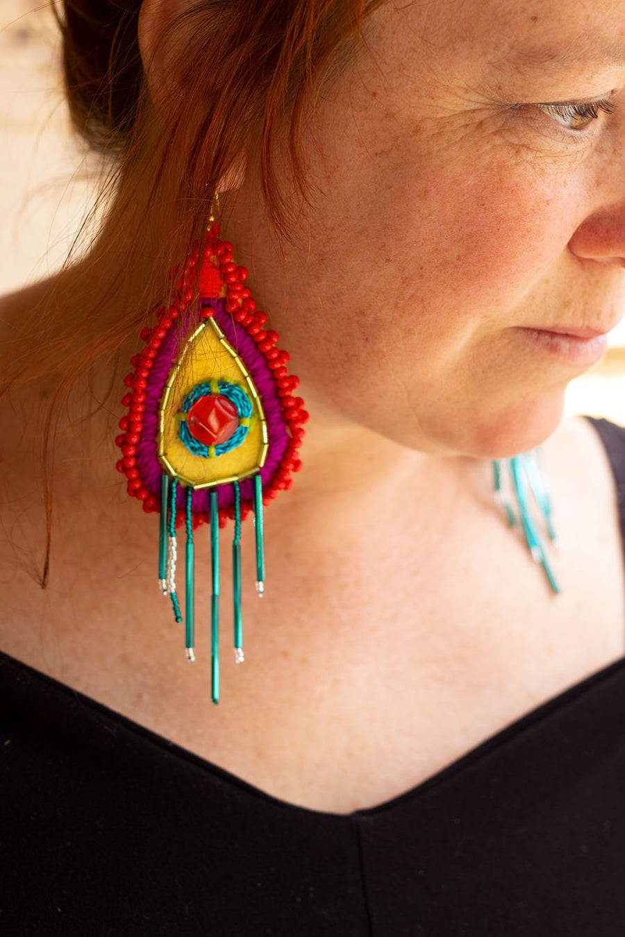 RED-YELLOW-PLUM-TURQUOISE EMBROIDERED EARRING