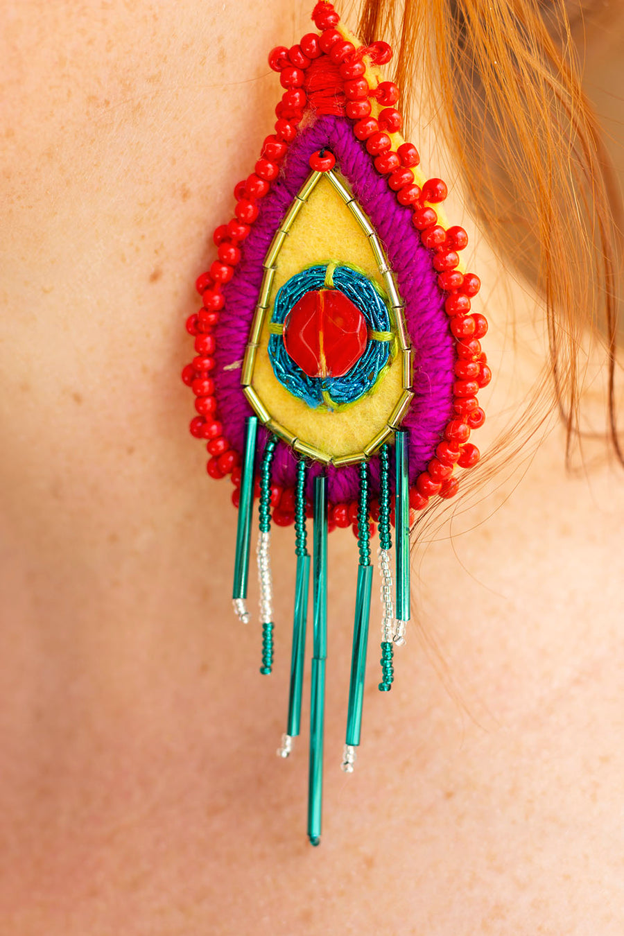 RED-YELLOW-PLUM-TURQUOISE EMBROIDERED EARRING