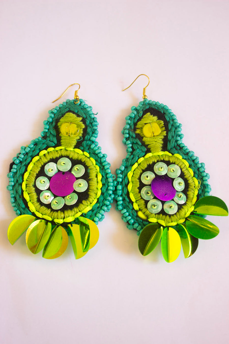 GREEN-TURQUOISE-MAUVE EMBROIDERED EARRING