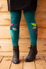 GREEN LEGGINGS WITH EMBROIDERED FLOWERS TURQUOISE-MAUVE-GREEN